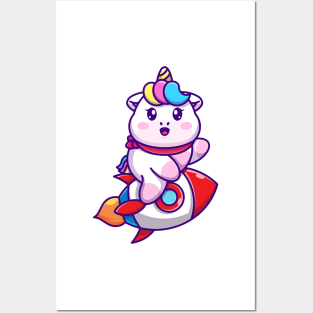 Cute unicorn riding rocket cartoon Posters and Art